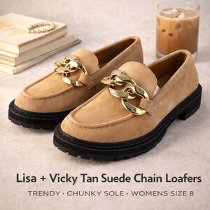 Lisa + Vicky Pep V Tan Kid Suede Chain Loafers Womens Size 8 Chunky Sole